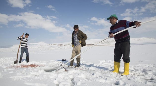 Buz kaplı gölde ‘Eskimo’ usulü balık avı